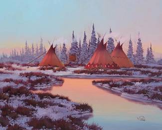 3032
Ron Bailey
(1943-1983)
Three teepees by the river bend, 1971
Oil on Masonite
Signed and dated lower right: Ron Bailey 71
24" H x 36" W
Estimate: $1,000 - $1,500