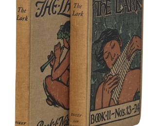 3146
"The Lark" books 1-24 in two volumes
Hardcover books
Doxey, William. "The Lark, Book the First: Nos. 1 to 12. May 1895 to April 1896." and "The Lark, Book the Second: Nos. 13 to 24. May 1896 to April 1897." San Francisco: William Doxey, 1896
Each octavo with illustrated front boards, combined comprising 24 issues of "The Lark" magazine, compiled by the publisher
2 pieces
Each: 8.125" H x 6" W; Together: 2" D
Estimate: $300 - $500