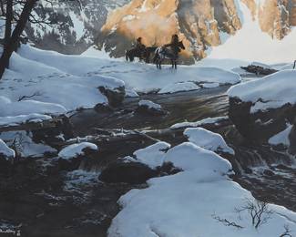 3023
Dennis M. Doheny
(b. 1956)
"Snow Landscape with Indians," 1978
Oil on canvas
Signed and dated lower left: Dennis M. Doheny 78' ©; titled on a gallery label affixed to the frame's verso
30" H x 40" W
Estimate: $8,000 - $12,000