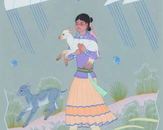 3109
Harrison (Haskay Yahne Yah) Begay
(1917-2012, Navajo/Diné)
Shepherdess and lamb
Gouache on light blue paper
Signed lower left and right: Haskay Yahne Yah / Harrison Begay
Sight: 10.5" H x 8.5" W
Estimate: $300 - $500