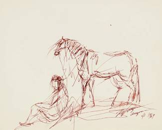 3104
Ted De Grazia
(1909-1982)
Native American and his horse at rest, 1969
Sanguine ink on paper
Signed, dated, and inscribed lower right: De Grazia / 1969 / "Arizona US"
Sight: 8.5" H x 11.5" W
Estimate: $800 - $1,200