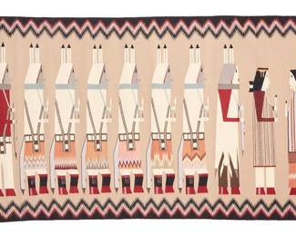 3181
An Ella Yazzie Navajo Yei Bi Chei pictorial textile
Ella Yazzie (b. 20th century, Diné)
Late 20th century
Woven in multicolor wool with serrated border
38.75" H x 64.75" W
Estimate: $800 - $1,200