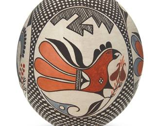 3356
Lilly María Salvador (b. 1944, Acoma Pueblo)
"Winter Parrots"
Polychrome pottery vessel
Signed, titled, and inscribed to underside: Acoma, NM / [illegible] 0160 / Dzaisratyaitsa / María Lilly
4.375" H x 3.875" Dia.
Estimate: $200 - $300
