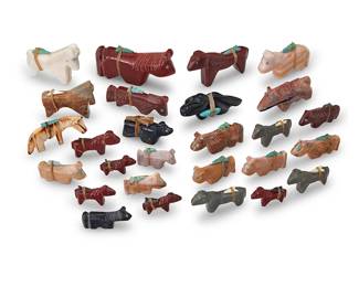 3409
A group of Southwest Pueblo carved stone horse fetish figures
Mid/late 20th century, mostly Zuni Pueblo
Seven labeled for artist
A large group of carved stone figures, primarily horses, in various stones and materials including pipestone, antler, and jet, and in various sizes, comprising seven figures by Zuni artists including Emery Boone, Lucy Cooeyate, Virginia Toombs, Herbert Halate, and Drucilla Martinez, as well as twenty further horse figures, most with mounted offerings
27 pieces
Largest: 1.25" H x 2.625" W x 0.625" D; Smallest: 0.625" H x 1" W x 0.25" D
Estimate: $200 - $400