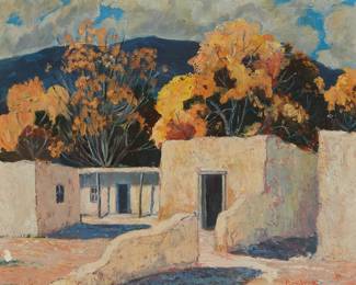 3037
Walter Bambrook
(1910-1984)
New Mexican Adobe home, circa 1950s
Oil on canvas
Signed lower right: Bambrook
24.125" H x 29.125" W
Estimate: $500 - $700