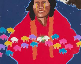 3060
Jim Nelson
(1943-2022)
"Buffalo Heart," 1994
Acrylic on canvas
Signed and dated lower right: J. Nelson / 94; signed (twice) and dated again, titled, and inscribed, all verso: "To Dick & Kathy / you support my work / thank you very much / run quick little / moose owl hunts you"; titled again on a label affixed to the frame's verso
21" H x 17" W
Estimate: $1,000 - $1,500