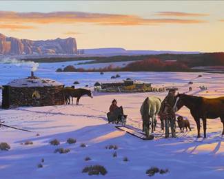 3003
William "Willie" Murphy
(20th century)
Family outside the hogan in winter, 1997
Oil on canvas
Signed and dated lower left: Murphy 97
24" H x 48" W
Estimate: $800 - $1,200
