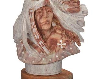 3067
Alvin Marshall
(b. 1959, Navajo/Diné)
Male bust in wolf headdress
Carved alabaster on wood plinth
Incised signature verso: © Alvin K Marshall
Stone: 11.625" H x 10.5" W x 6.375" D; Overall: 13" H
Estimate: $300 - $500