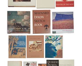 3149
Maynard Dixon (1875-1946)
A group of reference books, 20th/early 21st century
Comprising hardcover and softcover books, and staple-bound pamphlets:
"Escape to Reality: The Western World of Maynard Dixon," 2001
"Space Silent Spirit: Maynard Dixon's West," 2002
"Mesas, Mountains & Man: The Western Vision of Maynard Dixon," 1998
"Maynard Dixon Painter of the West," 1945
"Maynard Dixon: Masterpieces from Brigham Young University & Private Collections," 2007
"Maynard Dixon Sketch Book," 1967
"Maynard Dixon: Images of the Native American," 1981
"Maynard Dixon: Modernist Paintings," 2008
"Querido Patron," 1987
"The Thunderbird Remembered," 1994
"Rim-Rock and Sage," 1977
"Maynard Dixon: Artist of the West," 1974
"The Drawings of Maynard Dixon," 1985
"Maynard Dixon: A Museum to be Built in his Honor," n.d.
14 pieces
Largest: 10.875" H x 13.5" W x 1" D
Estimate: $400 - $600