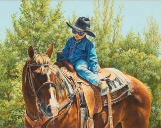 3010
Karen Boylan
(b. 1946)
"Just Between You and Me," 2001
Oil on canvas
Signed and dated lower left: K Boylan / © 2001; titled in ink, in another hand, on a label strung to the frame's hanging wire
12" H x 16" W
Estimate: $2,000 - $3,000
