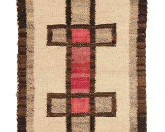 3281
A small Gallup throw
Mid-20th century, Diné
With central floating geometric motif, woven in dark brown, natural brown, cream, and red wool
42.5" H x 20.5" W
Estimate: $200 - $300