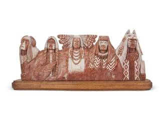 3066
Mike Toledo
(1966-2025, Navajo/Diné)
Five ceremonial men, 1994
Carved red alabaster on a wood plinth
With etched signature and date: Mike Toledo / 94
Stone: 11" H x 28.25" W x 5" D; Overall: 13.625" H x 30.5" W x 6" D
Estimate: $300 - $500