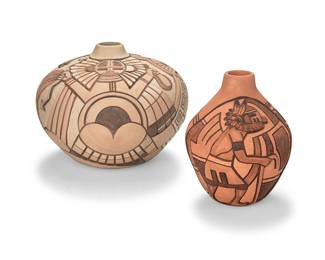 3329
Thomas Polacca (1935-2003, Hopi-Tewa)
Two carved pottery jars, circa 1990
One incised, the other painted to underside: TOM / POLACCA
Each with slip-painted carved designs of katsinas
2 pieces
Larger: 6.5" H x 8.25" Dia.; Smaller: 6.25" H x 4.875" Dia.
Estimate: $800 - $1,200