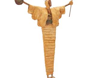 3073
John Manuel Gutierrez
(b. 1963)
Shaman figure
Painted burlap, copper, and mixed media mounted in a stone base
Signed to burlap verso: J Gutierrez; with gallery tag from "Mystic Creations"
Overall: 42.25" H x 27.5" W x 11.25" D
Estimate: $200 - $300