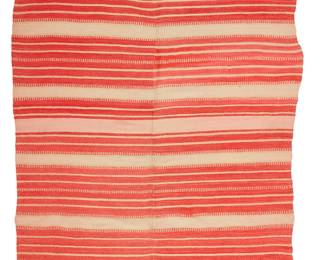 3188
A Rio Grande blanket
Early 20th century; New Mexico
Woven in orange, pink, and cream wool in variable striped and ticked bands
81" H x 53.5" W
Estimate: $400 - $600