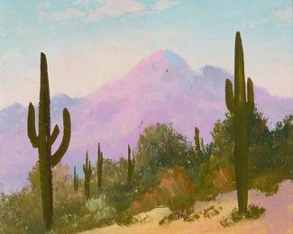 3159
Willard Page
(1885-1958)
"Giant Cactus - Arizona"
Oil on paperboard
Signed with initials lower right: WP; titled in pencil by the artist's wife, and with the artist's studio ink stamp, both on the frame's backing paper
Sight: 3.25" H x 3.25" W
Estimate: $200 - $400