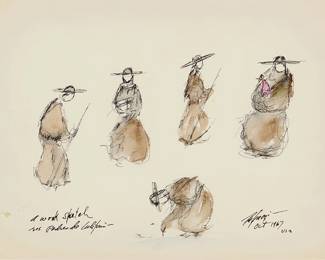 3105
Ted De Grazia
(1909-1982)
"A Work Sketch Los Padres de California," 1967
Ink and watercolor on paper
Signed, titled, dated, and inscribed in ink along the lower edge: De Grazia / Oct 1967 / "USA"
Sight: 8.375" H x 11.5" W
Estimate: $600 - $800