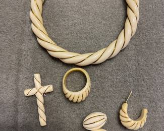 Vintage Ivory & 14k Yellow Gold Wire Ring, Bangle, Cross, Single Earring and Beads