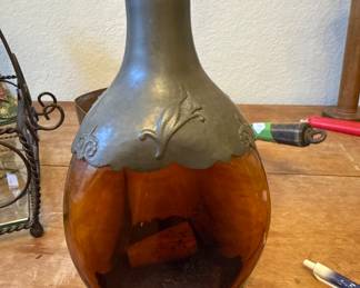 Antique Zeister Pewter Amber Brown Glass Bottle/Decanter, made in Holland