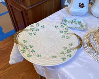 Belleek Shamrock basketweave double-handled cake plate
