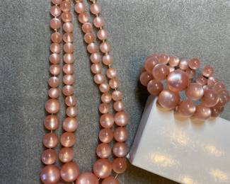 Vintage Pink Moonglow Lucite Beaded Necklace and Bracelet Set