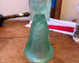 Fenton Legendary Fashions Victorian Walking Dress Figurine in Green Satin Glass
