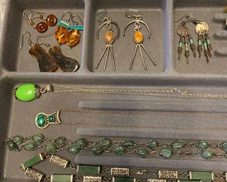 Sterling Native American Navajo handmade Spiny Oyster Shell Dangle Earrings, Green Jade Necklace, Malachite Necklace, Amber Earrings & Native American Turquoise and Sterling Silver Dangle Earrings