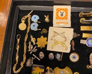 National Park Pins, Pocket Watch Chain, Vintage Dallas Cowboys Helmet Lapel Pins & Space Needle, Beer Stein, Playboy Bunny Tie Tacks