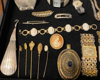 Antique Art Deco Silver-Plated Makeup Compact Mirror, Vintage Folding Shoehorn with Button Hook, Cameo Pin & Bracelet, Watches & Antique Hat Pins