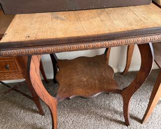 Antique carved wood side table with under shelf