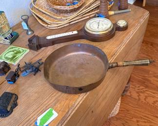 Antique Hand-hammered Copper Pan with a Wooden Handle & Vintage Barometer