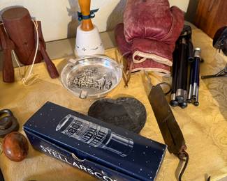 Steve Madden sunglasses, vintage boxing gloves, ashtray, vintage suitcase scale