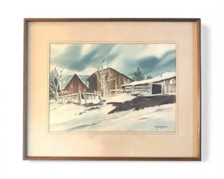 49 FramedOriginalWatercolorWinterBarnSceneSignedGordon
