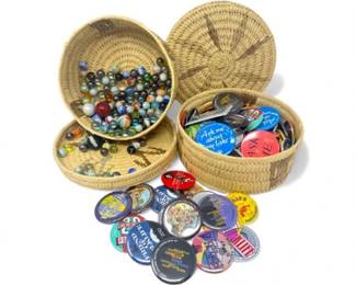 61 MixedCollectionofMarblesPinbackButtonsinWovenBaskets