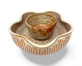 134 RetroFloralRaisedPotteryChipDipBowlSetDishSmallBowl