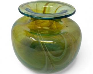 22 SignedHandblownArtGlassVaseGreenBlueSwirlPattern