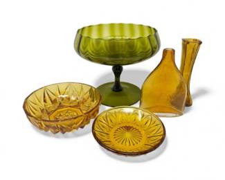23 RetroAmberOliveGlassLot5PcVintageBowlsVases