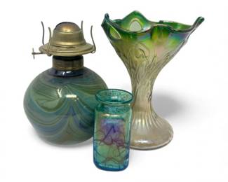43 VintageIridescentBlownGlassTrioVaseOilLampArtGlass