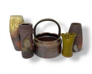 116 StudioArtPotteryLot5VasesBasketWoodFiredStoneware