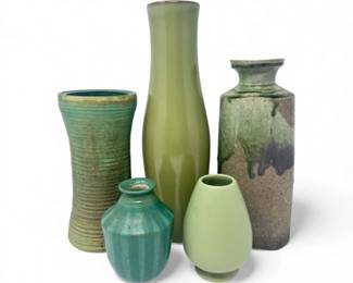 40 Setof5GreenArtPotteryVasesSignedStudioPortugalPieces