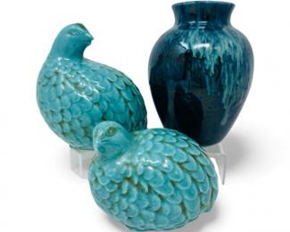 33 Setof2VintageQuailFiguresDripGlazePotteryVase