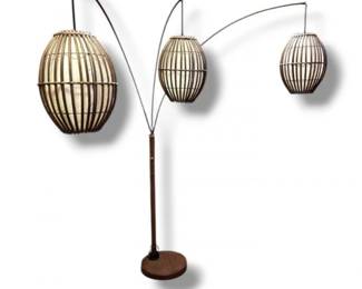 107 VintageTikiBambooArcFloorLamp3ShadeCopperFinishTested