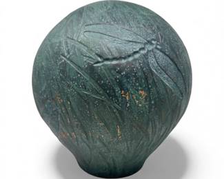 30 GreenGlazedCarvedPotteryVasewDragonflyGrassReliefDesign