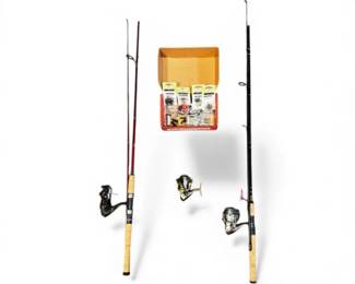 76 FishingGearLot2RodswReelsSpareReelTackleBoxSet
