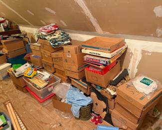 all cardboard boxes are full of new old stock Avon items, probably 100 boxes throughout the attic and cellar