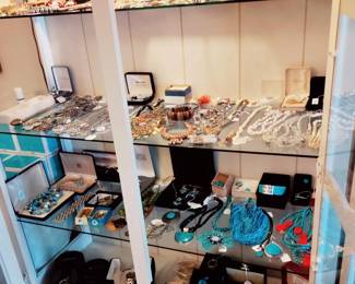 FULL CURIO CABINET OF VINTAGE COSTUME JEWELRY, PEARLS,  VENDOME,  NOLAN MILLER, KIRK'S FOLLY, TURQUOISE, WATCHES..MORE