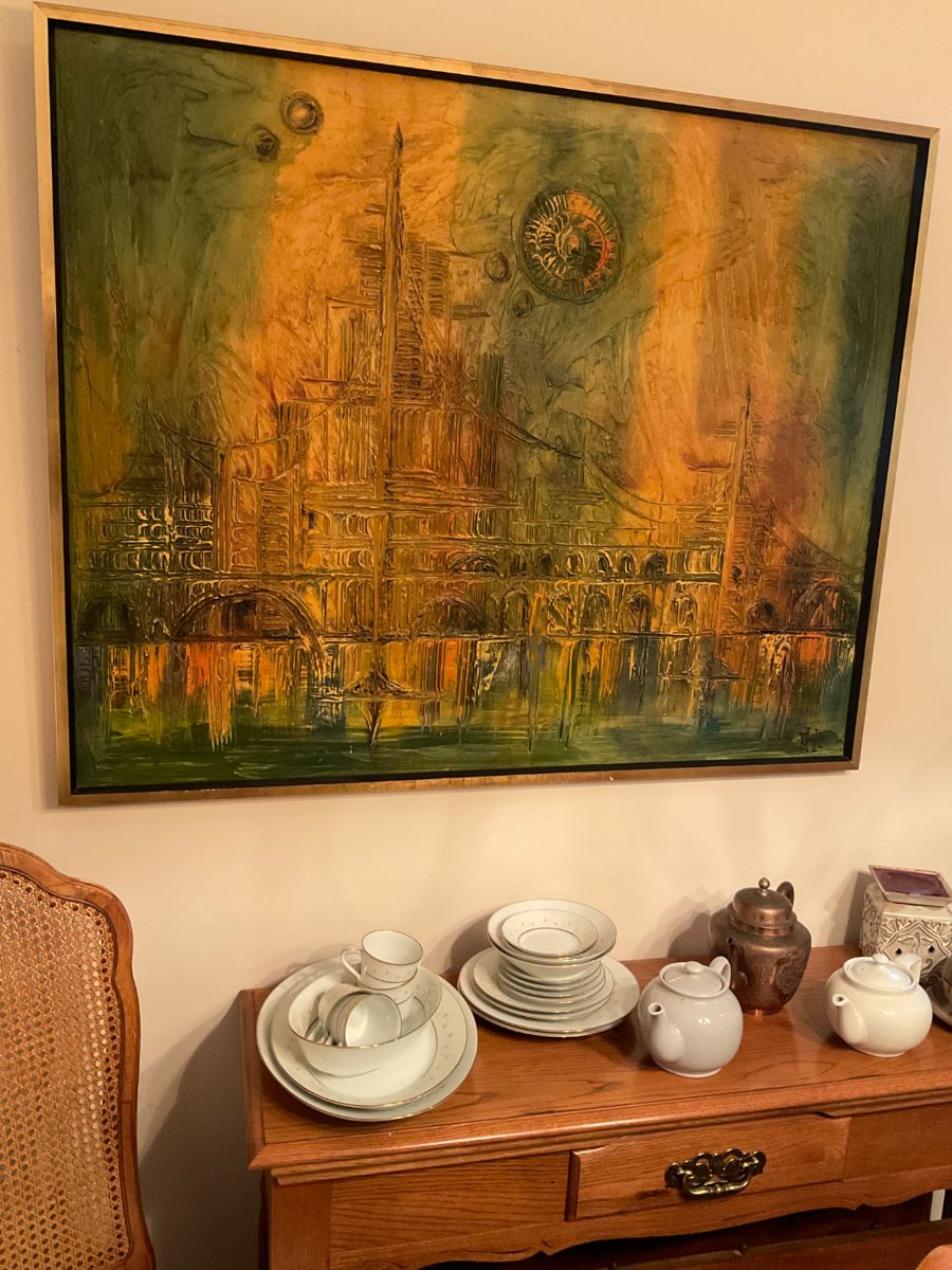MCM nice art work by Van Hoople -signed.  Frame measures 49X39. Console table with serving pieces and teapots.