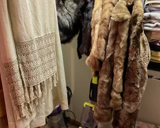 Furs coats, stoles, vacuum, shampooer, bedding, curtains.