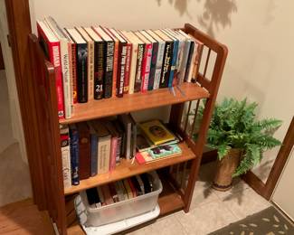Books (hard backs), children’s books, bottom row is audio books with portable player.