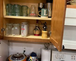 Crock pot, hot pot, coke glasses, coffee cups, butter dish